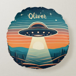 Almofada Redonda UFO Vintage ao Pôr do Sol Personalizado