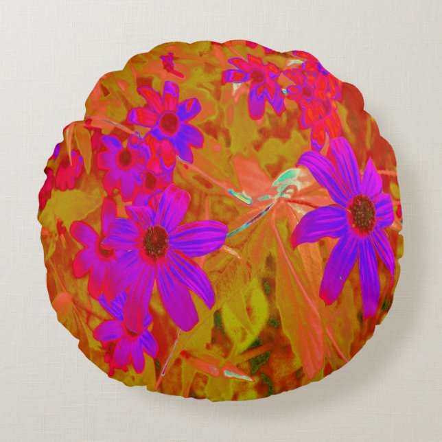 Almofada Redonda Ultra-violeta, magenta e flores silvestres vermelh (Frente)