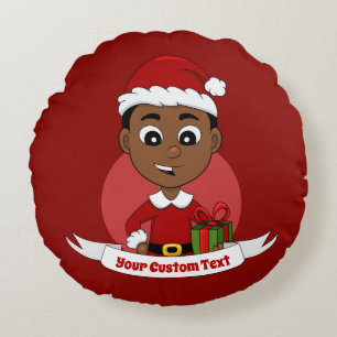 Almofada Redonda Um desenho animado de um menino de Natal afro-amer