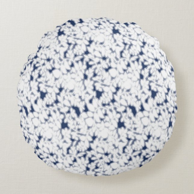 Almofada Redonda um fundo branco e azul com um padrão (Frente)