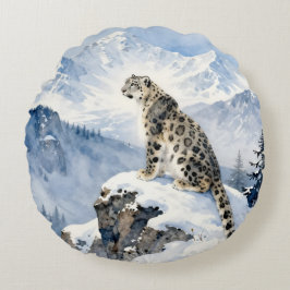 Almofada Redonda Um Leopardo da Neve no Pico Nevado