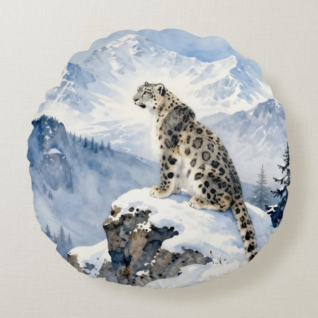 Almofada Redonda Um Leopardo da Neve no Pico Nevado (Frente)