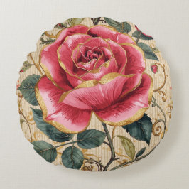 Almofada Redonda Uma Bela Rosa Cor-de-Rosa Chocante, Dourado, Luxuo
