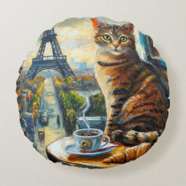 Almofada Redonda Uma Manhã em Paris | Gato Malhado em um Café