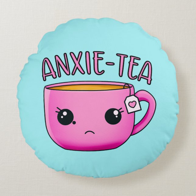 Almofada Redonda Uma xícara de ANXIE-TEA Kawaii Tea ansiedade engra (Frente)
