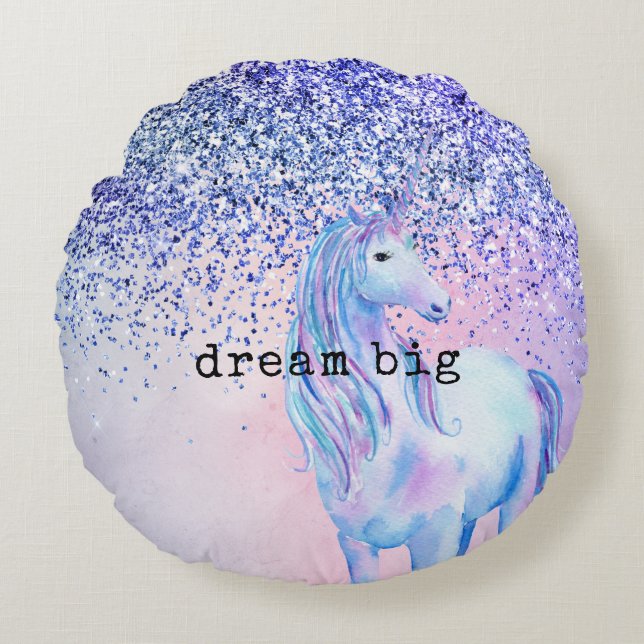 Almofada Redonda Unicórnio Brilhante de Ombre Azul Rosa Púrpura (Frente)