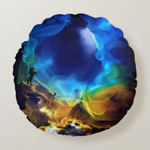 Almofada Redonda Unicórnio Espaço Nebula Amarelo Azul Tinta Álcool
