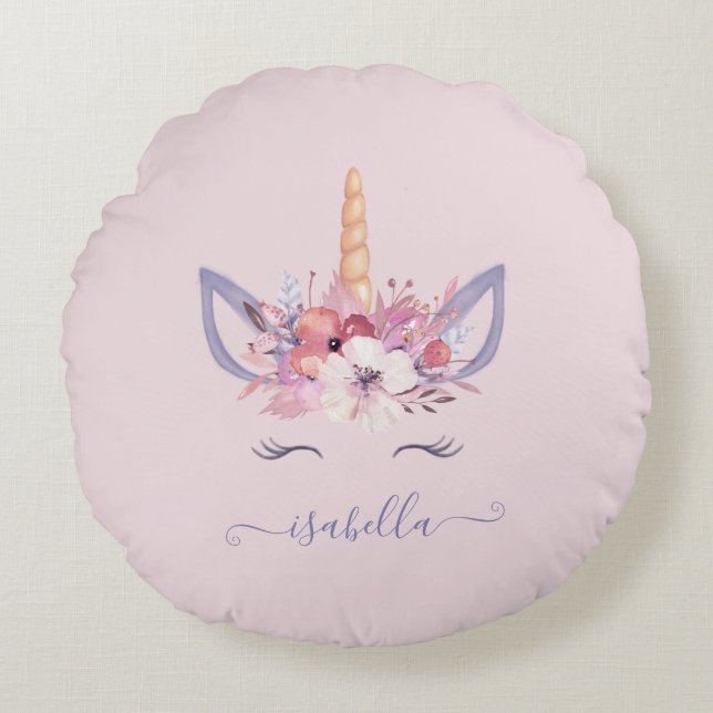 Almofada Redonda Unicórnio face design floral de aquarela (Frente)