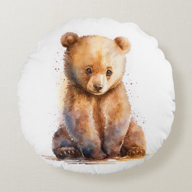 Almofada Redonda Urso-Bebê Castanho-De-Cana-De-Cama, Sentado (Frente)