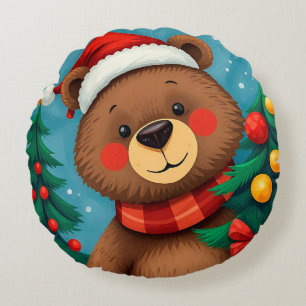 Almofada Redonda Urso de Chapéu de Papai Noel Entre Árvores de Nata