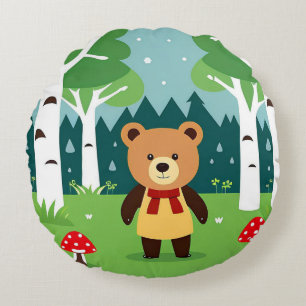 Almofada Redonda Urso de desenho animado fofo em uma cena de flores