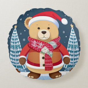 Almofada Redonda Urso de pelúcia festivo com chapéu de Papai Noel