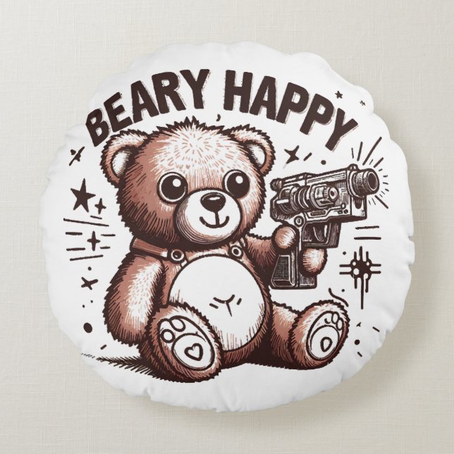 Almofada Redonda Urso de Pelúcia Muito Feliz (Frente)