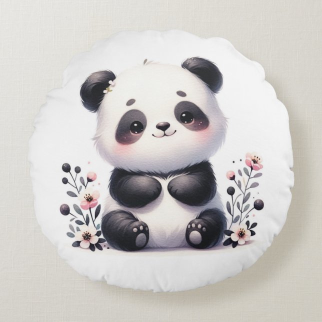 Almofada Redonda Urso e Flores de Panda Bonitos (Frente)