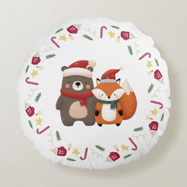Almofada Redonda Urso e Raposa Fofos de Natal/Inverno (Frente)