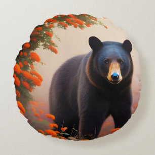 Almofada Redonda Urso Negro em flores laranja