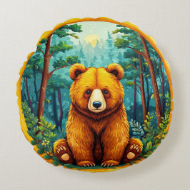 Almofada Redonda Urso Pardo em uma Floresta