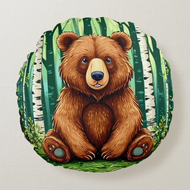 Almofada Redonda Urso Pardo em uma Floresta de Bétulas (Frente)