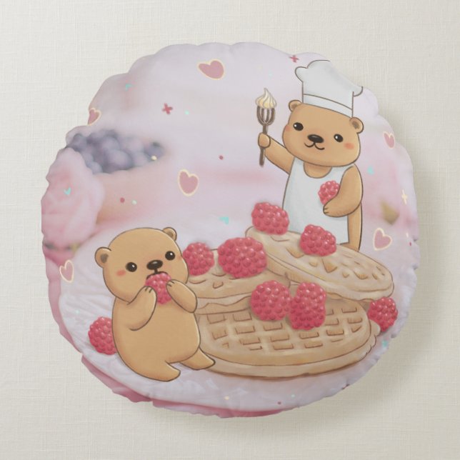 Almofada Redonda Ursos de Teddy e Waffles (Frente)