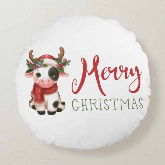 Almofada Redonda Vaca doce de Natal feliz (Frente)