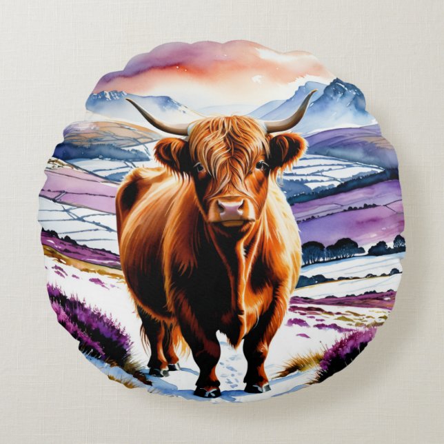 Almofada Redonda Vaca Highland Snow Watercolor Texto Personalizado  (Frente)