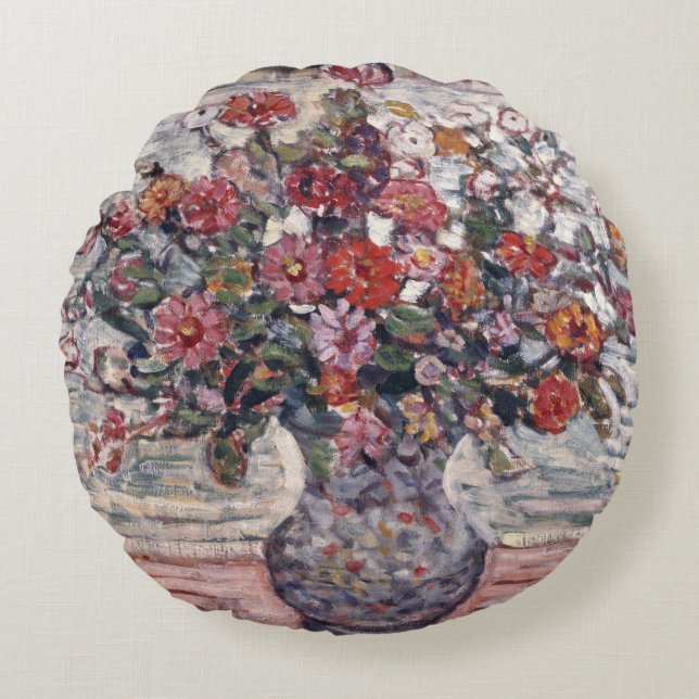 Almofada Redonda Vase das Flores, Zinnias, por Maurice Prendergast (Frente)