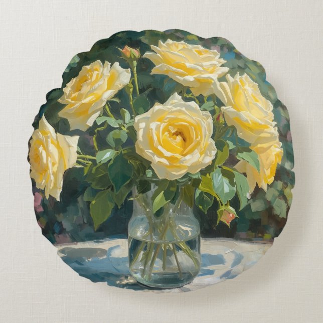 Almofada Redonda Vaso de Rosas Amarelas Impressionismo  (Frente)