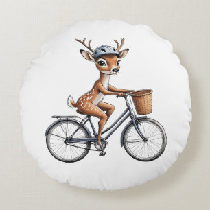 Almofada Redonda Veado Whimsical Andando uma Bicicleta - Desenho à