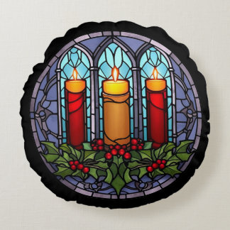 Almofada Redonda Velas de Natal de Vidro Manchado