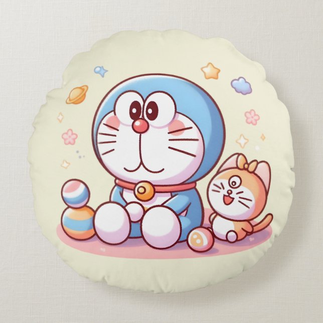 Almofada Redonda Venha Venha Gato E Doraemon (Frente)