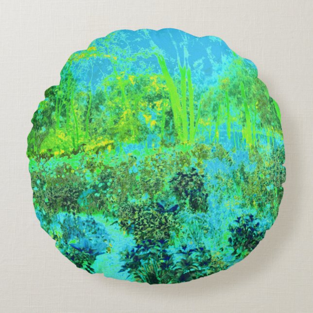 Almofada Redonda Verde limão Trippy e paisagem de jardim azul (Frente)