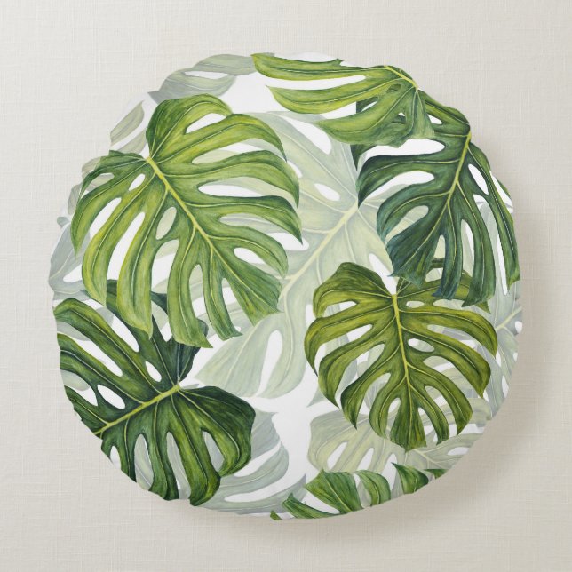 Almofada Redonda Verde Monstera Tropical Watercolor (Frente)