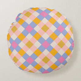 Almofada Redonda Verificações violetas de cor rosa amarela