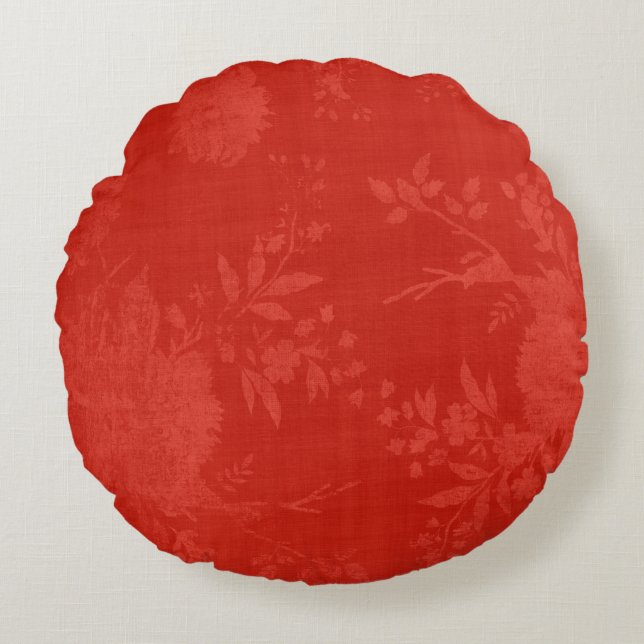 Almofada Redonda Vermelho Brilhante no Padrão Floral Vermelho (Frente)