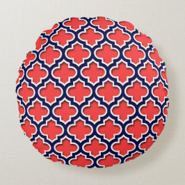 Almofada Redonda Vermelho Coral, Branco Naval Quatrefoil Marroquino