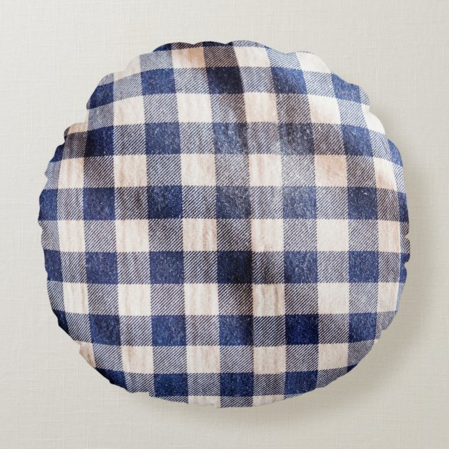Almofada Redonda vestimenta azul de gingham, camisas textura do tec (Frente)