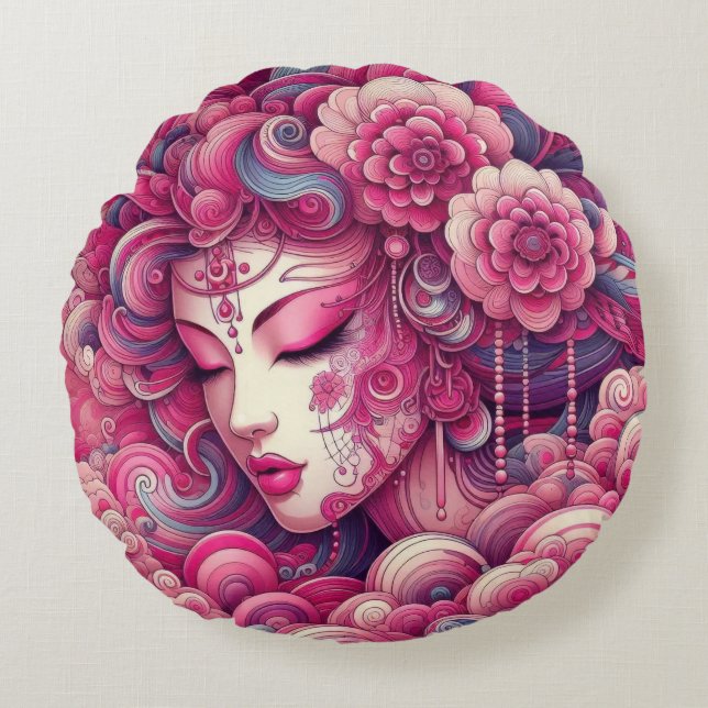 Almofada Redonda Vetor oriental abstrato Geisha ondas fractais cor- (Frente)