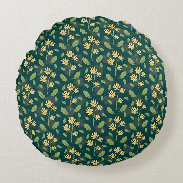 Almofada Redonda Vibrant Green Pattern with Yellow Flowers & Leaves (Frente)