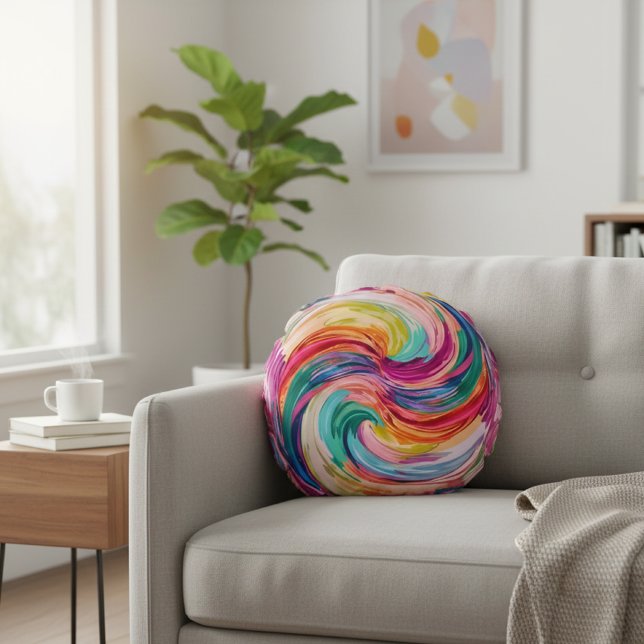 Almofada Redonda Vibrant Rainbow Swirl Abstract (Criador carregado)