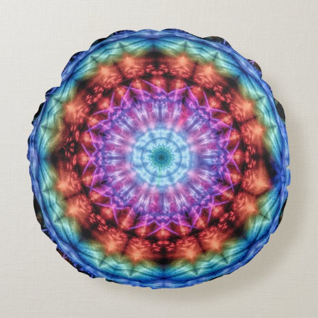Almofada Redonda Vibrant Tie Dye Kaleidoscope Rainbow Mandala (Frente)