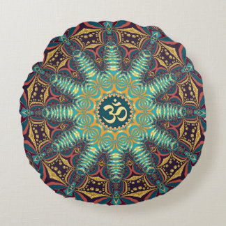 Almofada Redonda Vibrante Mandala Redonda Tribal Batik Dourado em T