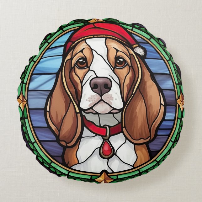 Almofada Redonda Vidro Pintado de Natal Beagle (Frente)