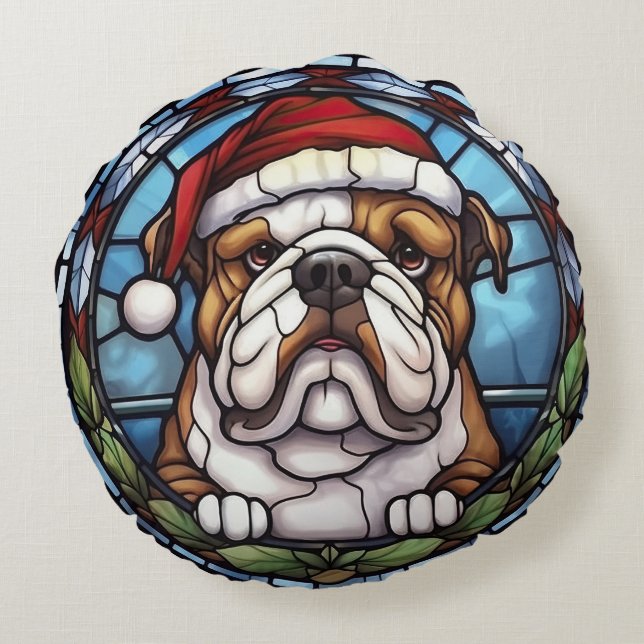 Almofada Redonda Vidro Pintado de Natal Bulldog (Verso)