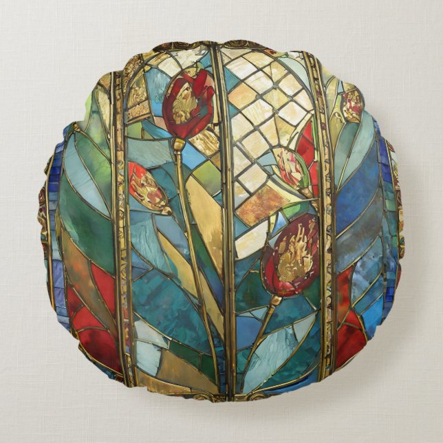 Almofada Redonda Vidro Vermelho Chefe Poppies no nascer do Sol (Frente)