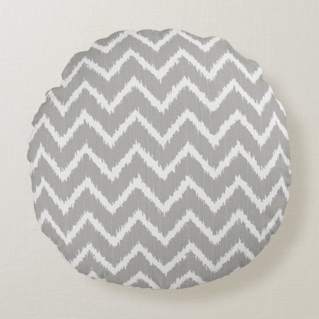 Almofada Redonda Vigas de Ikat - cinza de prata e branco (Frente)