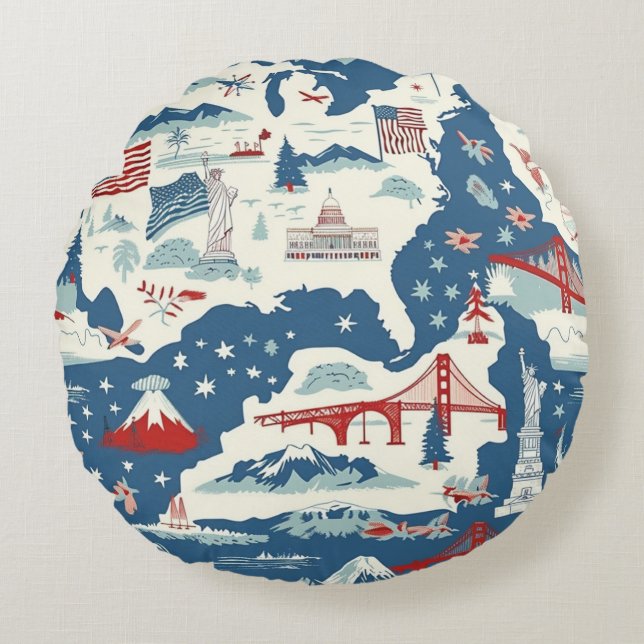 Almofada Redonda Vintage American Landmark Pattern (2) (Frente)