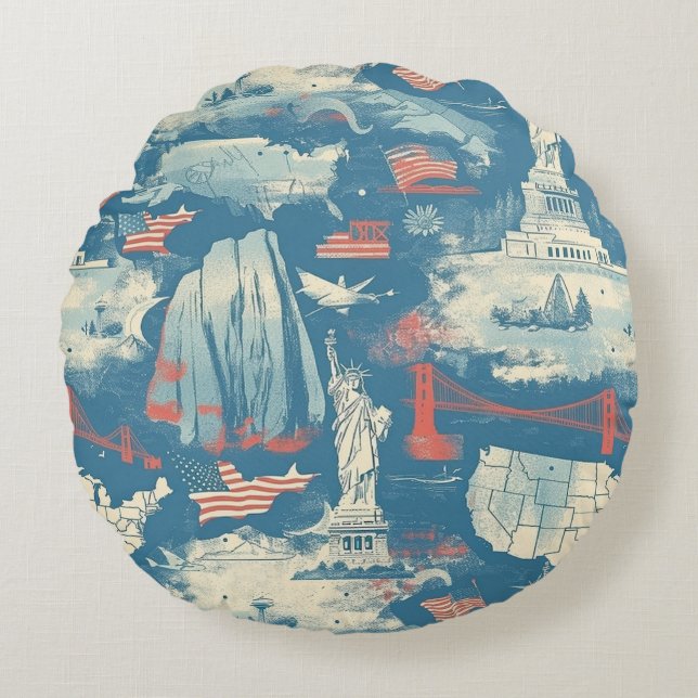 Almofada Redonda Vintage American Landmark Pattern (3) (Frente)