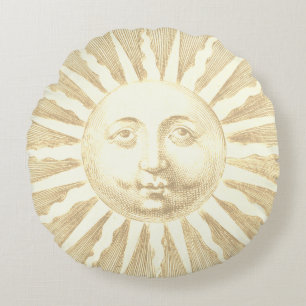 Almofada Redonda Vintage antiga beige Dourada face solar