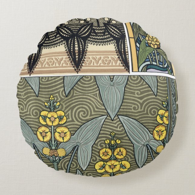 Almofada Redonda Vintage Art Nouveau Arrohead Garden Flowers (Frente)