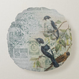 Almofada Redonda Vintage Bird Ephemera Round Cushion - Antiquado